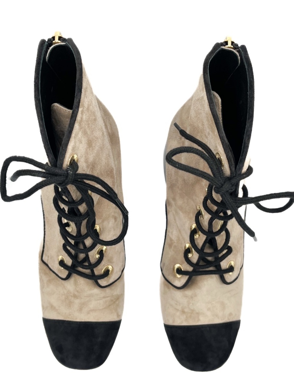 Chanel Interlocking CC Logo Suede CC Lace Up Short Heeled Cap Toe Boots - Picture 3 of 7
